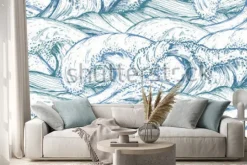 Naklejka: Wzór z ręcznie rysowane fale morskie w stylu szkicu. wektorowy