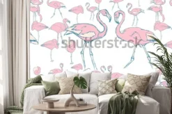 Naklejka: Wzór z różowymi flamingami w wodzie w różnych pozach i dwoma