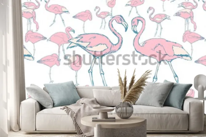 Naklejka: Wzór z różowymi flamingami w wodzie w różnych pozach i dwoma