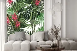 Naklejka: Wzór z tropikalnych liści i rajskich czerwonych kwiatów protea.