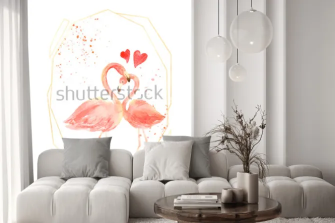 Naklejka: Żyjące w miłości flamingi koralowe. akwarela zadowolona walentynki