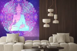 Naklejka: Yoga card design. colorful template for spiritual retreat or