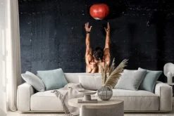 Naklejka: Young strong sweaty focused fit muscular man with big muscles