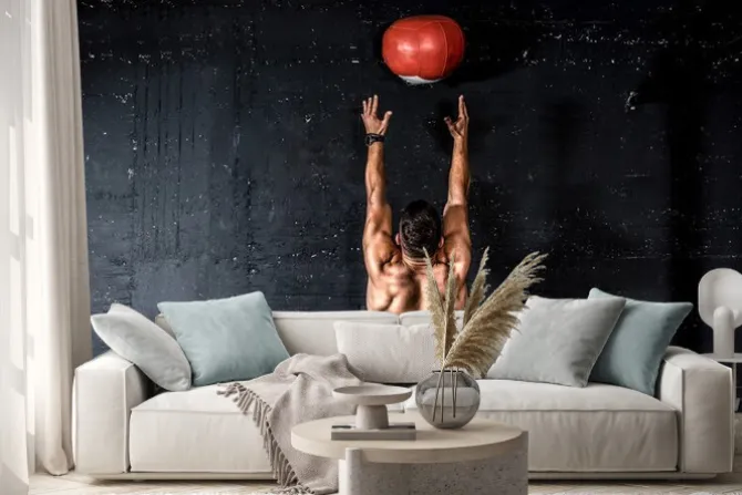 Naklejka: Young strong sweaty focused fit muscular man with big muscles