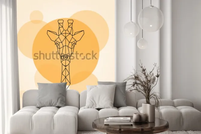 Naklejka: Żyrafa głowy geometryczne linie sylwetka na białym tle na pomarańczowym