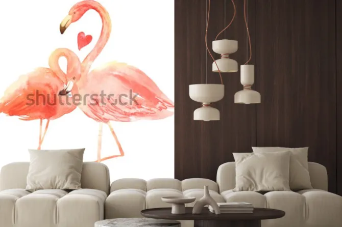 Naklejka: Żywe koralowe flamingi w miłości. akwarela kartkę z życzeniami