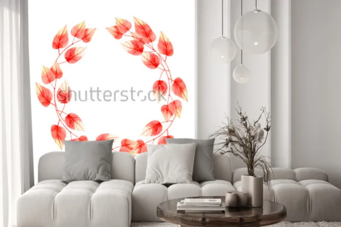 Naklejka: Żywy koral kolor kwiatów i liści wieniec. ilustracja akwarela