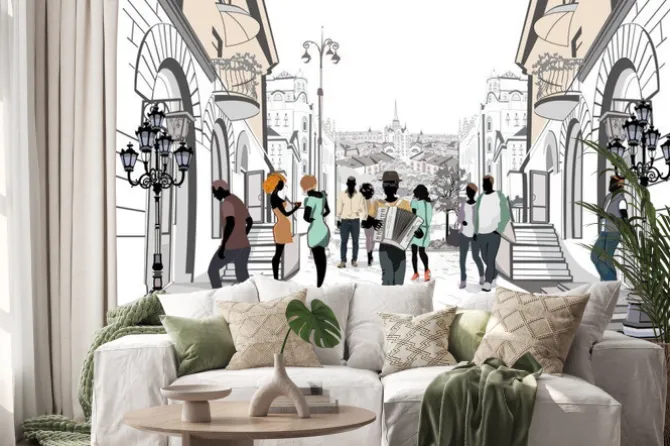 Naklejka: Zabytkowa ulica ze spacerowiczami