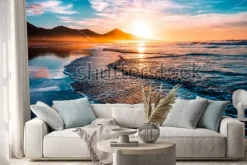 Naklejka: Zachód słońca nad morzem z widokiem na wulkaniczne wzgórza