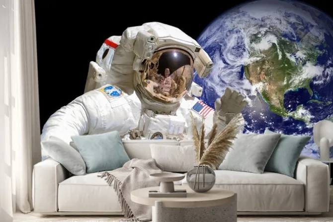 Naklejka: Zamknąć z astronautów w przestrzeni kosmicznej, ziemię w tle