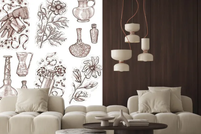 Naklejka: Zapach kwiatów i butelki perfum kolekcji samodzielnie na białym