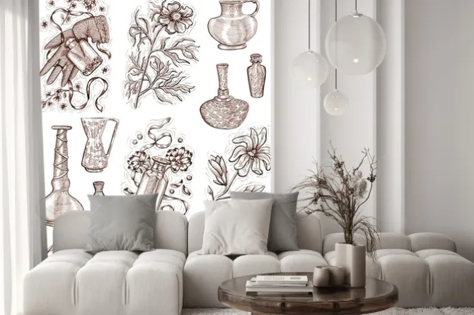 Naklejka: Zapach kwiatów i butelki perfum kolekcji samodzielnie na białym