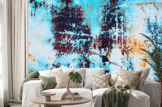 Naklejka: Zardzewiały metal z krakingu niebieskiej farby. kolorowe tło