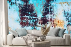 Naklejka: Zardzewiały metal z krakingu niebieskiej farby. kolorowe tło