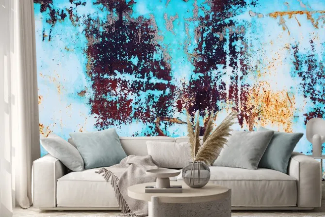 Naklejka: Zardzewiały metal z krakingu niebieskiej farby. kolorowe tło