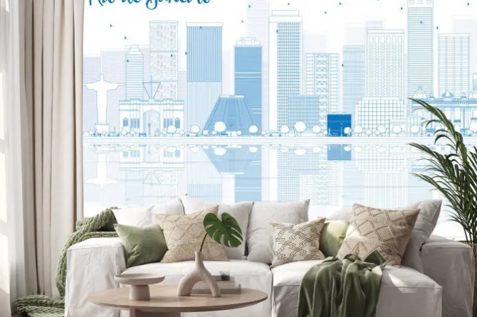 Naklejka: Zarys rio de janeiro skyline z niebieskimi budynkami.