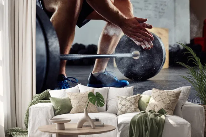 Naklejka: Zbliżenie sztangista klaskanie rękami przed brzana treningu a