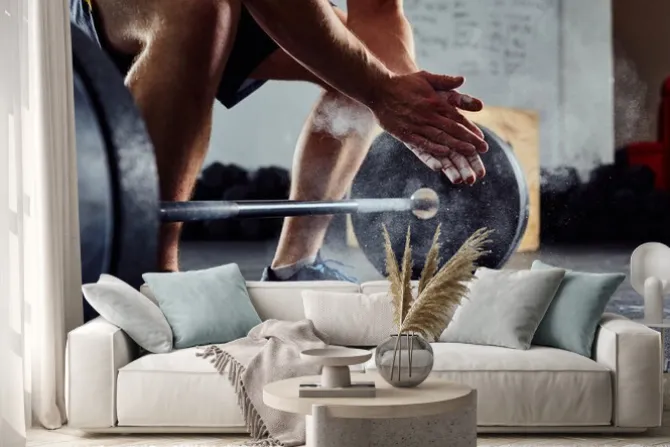 Naklejka: Zbliżenie sztangista klaskanie rękami przed brzana treningu a