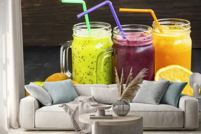 Naklejka: Zdrowe soki napoje z kiwi, jagody i pomarańczy