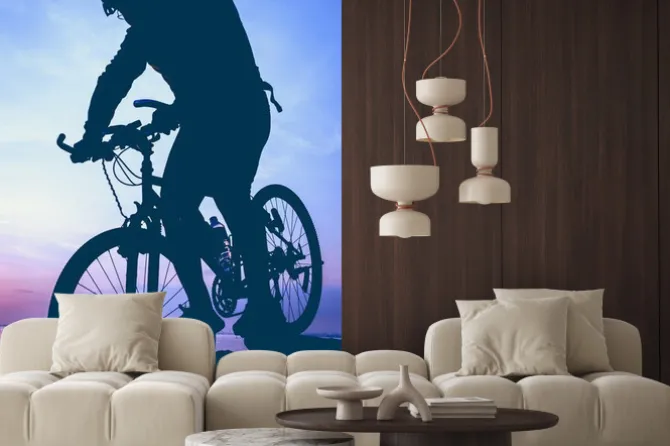 Naklejka: Zdrowy tryb życia. sylwetka rowerzysty jazda na rowerze nad morzem.