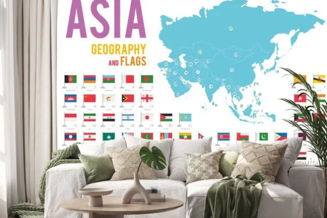 Naklejka: Zestaw 50 flag azji na białym tle i mapę azji z krajów znajdujących