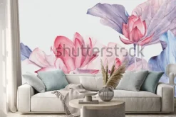 Naklejka: Zestaw akwarela ilustracji botanicznych kwiat lotosu różowy.