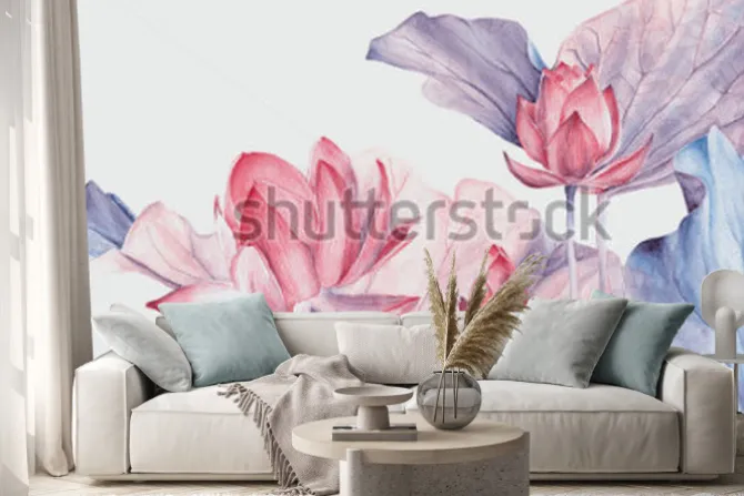 Naklejka: Zestaw akwarela ilustracji botanicznych kwiat lotosu różowy.