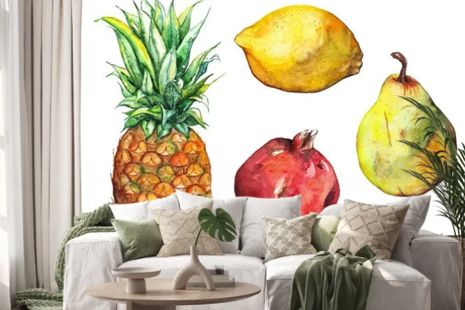 Naklejka: Zestaw akwareli ananas cytryny granatu gruszka pojedyncze owoce