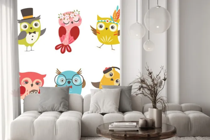 Naklejka: Zestaw cute sowy na białym tle