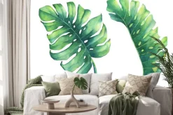 Naklejka: Zestaw dużych tropikalnych liści zielonych roślin monstera. malowane