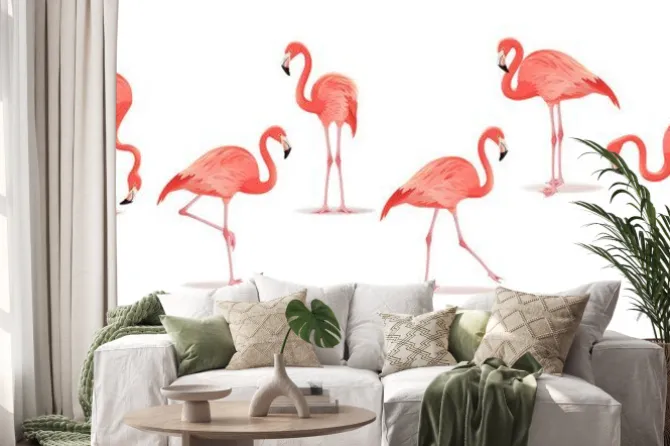 Naklejka: Zestaw egzotycznych flamingów na białym tle. ręcznie rysowane