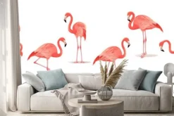 Naklejka: Zestaw egzotycznych flamingów na białym tle. ręcznie rysowane