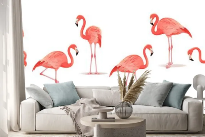 Naklejka: Zestaw egzotycznych flamingów na białym tle. ręcznie rysowane