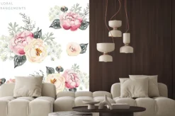 Naklejka: Zestaw kompozycji kwiatowych. różowe bukiet peony z szarego liści.