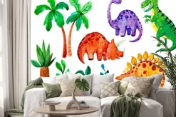 Naklejka: Zestaw kreskówka akwarela dinozaurów. ręcznie rysowane ilustracji.