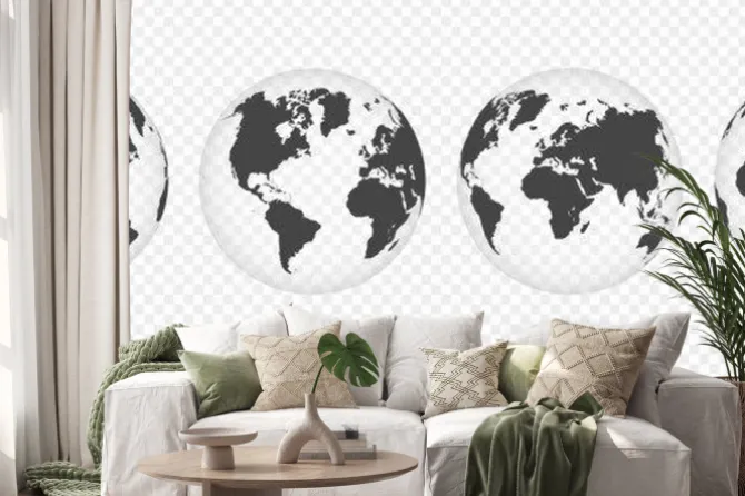 Naklejka: Zestaw przezroczystych kul ziemskich. realistyczna mapa świata