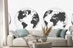 Naklejka: Zestaw przezroczystych kul ziemskich. realistyczna mapa świata