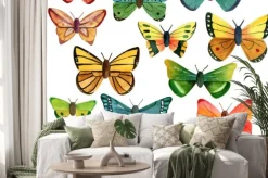 Naklejka: Zestaw wielu różnych motyli akwarela na białym tle