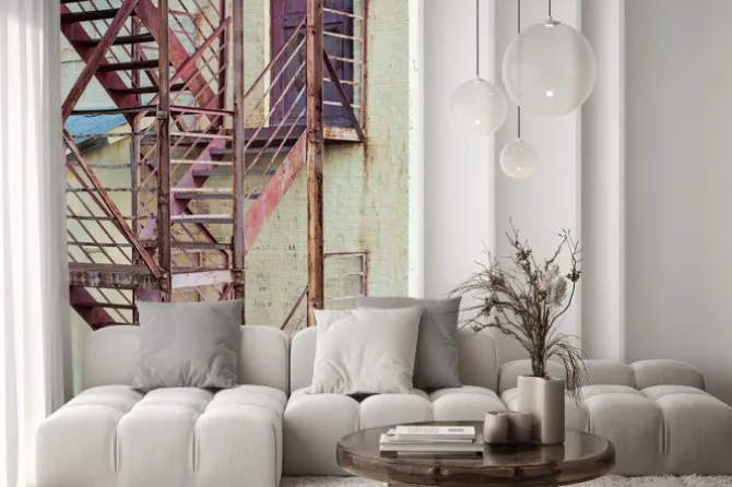 Naklejka: Zewnętrzne schody strażackie na produkcji budynku