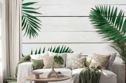 Naklejka: Zielone mieszkanie odkładają tropikalne palmowe gałąź na białym
