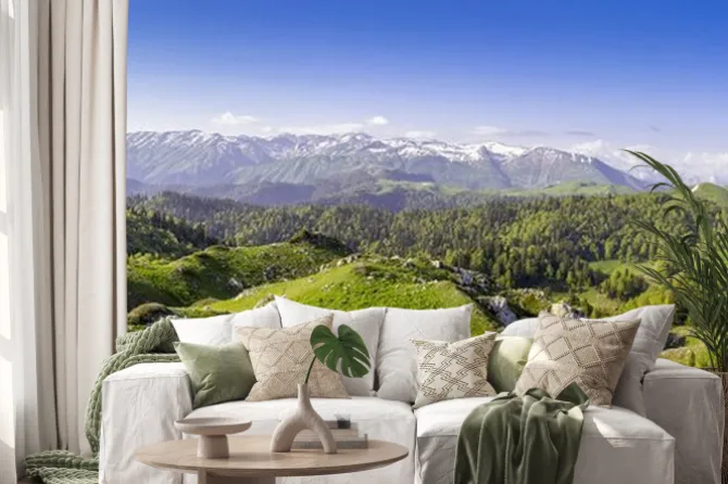 Naklejka: Zielone wzgórza i góry