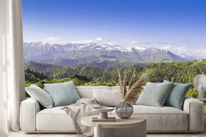 Naklejka: Zielone wzgórza i góry