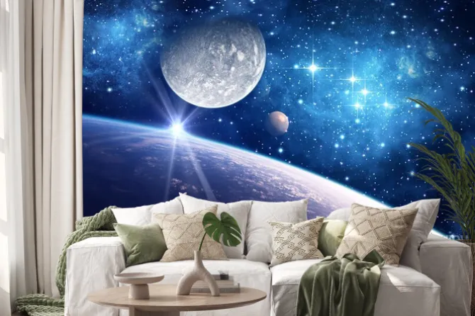 Naklejka: Ziemia i księżyc w gwiaździstym kosmosie