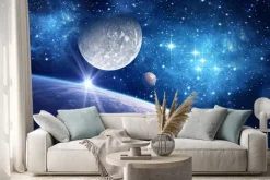 Naklejka: Ziemia i księżyc w gwiaździstym kosmosie