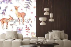 Naklejka: Zima akwarela vintage wzór z słodkie niedźwiedzie polarne, jelenie,