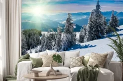 Naklejka: Zima panoramiczny krajobraz w górach. pokryte śniegiem drzewa