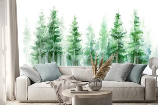 Naklejka: Zimowa mgła nad zielonym lasem