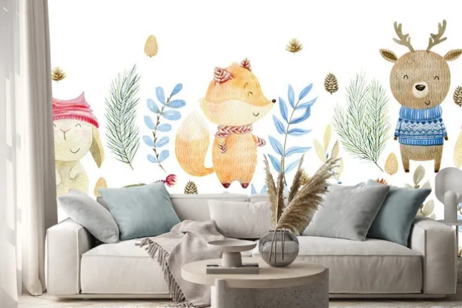 Naklejka: Zimowe leśne zwierzątka w szalikach i czapkach