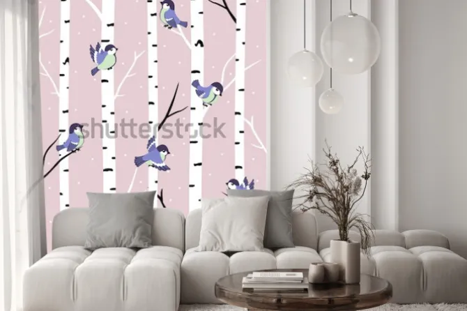 Naklejka: Zimowy wzór z wspaniałe cycki i brzozy.