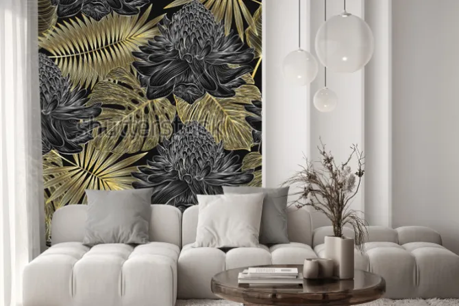 Naklejka: Złocisty wzór tropikalnych liści i kwiatów